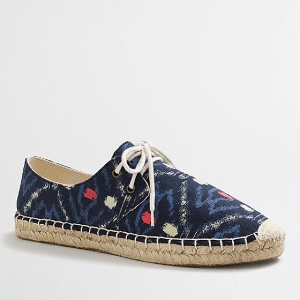 J Crew blue ikat print lace up espadrilles